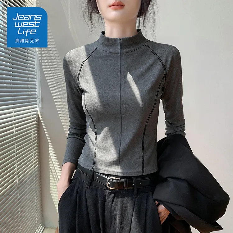 真维斯无界立领薄绒打底衫女2025秋冬新款磨毛半开领运动长袖t恤