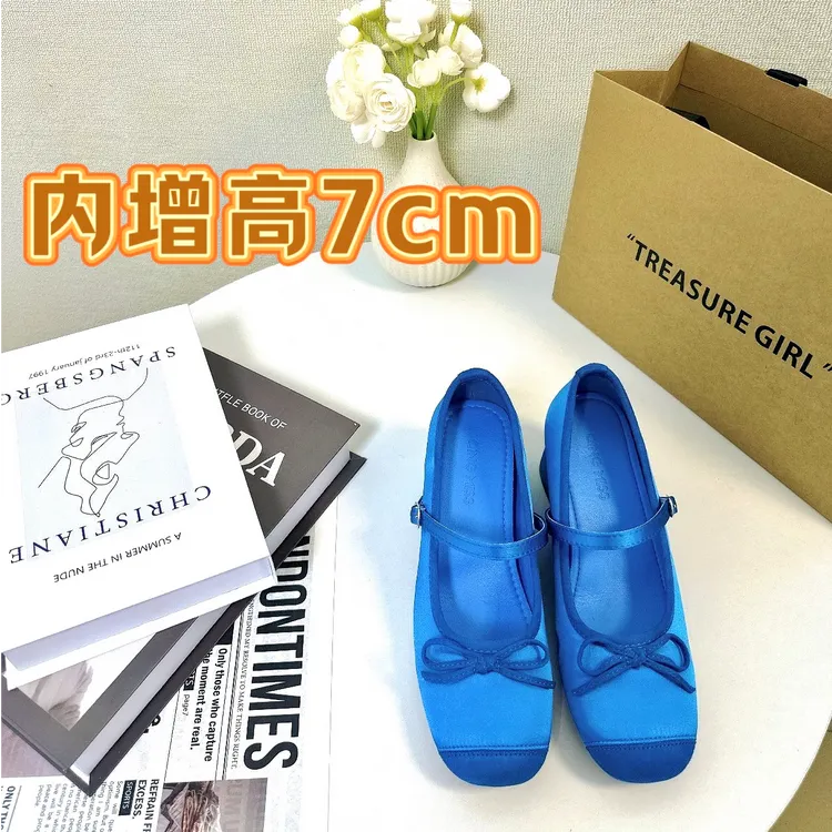 法式玛丽珍内增高7cm芭蕾舞鞋深蓝蝴蝶结粗跟防滑单鞋蓝色时尚