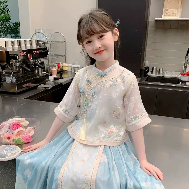 女童汉服夏季2025新款儿童新中式国风马面裙子套装女孩小公主古装