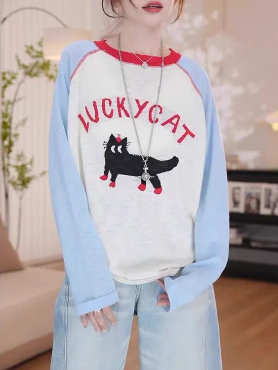 撞色插肩袖猫咪字母防晒长袖t恤女2025早秋宽松休闲显瘦百搭上衣