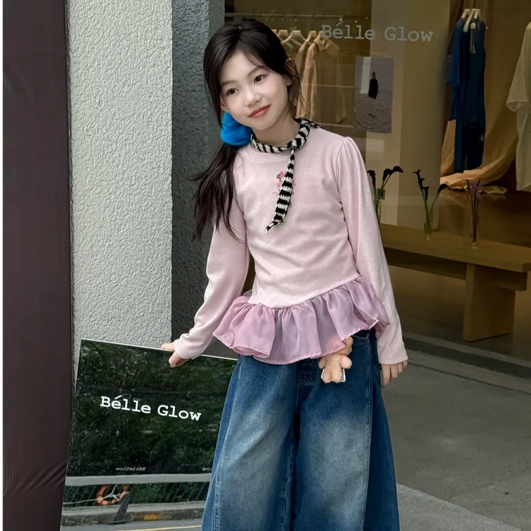 女童长袖T恤衫2025秋季新款韩版网纱拼接屁帘卡通印花长袖百搭t恤