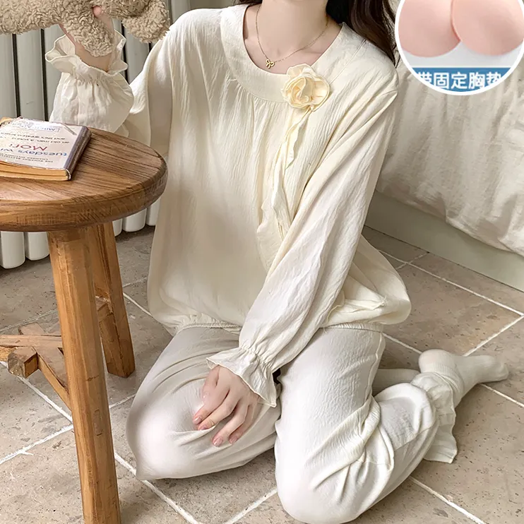 睡衣女带胸垫长袖长裤套装纯色女士2025新款甜美春秋冬季款家居服