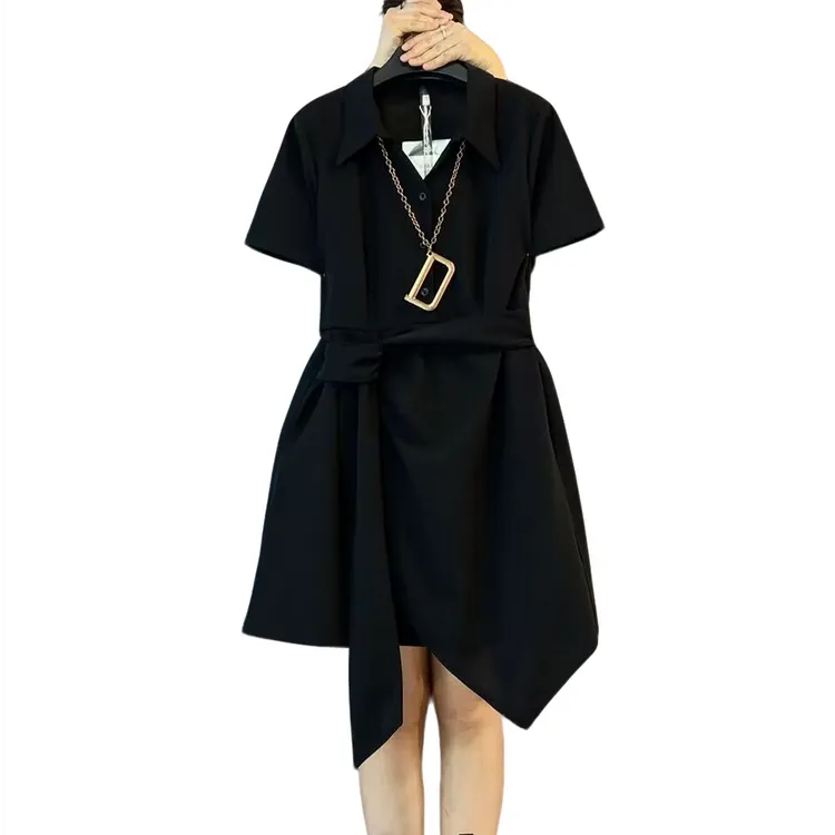 大维罗依PNM夏季新款大码不规则底摆翻领衬衫裙