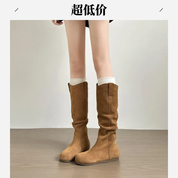 堆堆长筒靴女2025春秋新款休闲百搭圆头褶皱勃肯长靴平底高筒靴