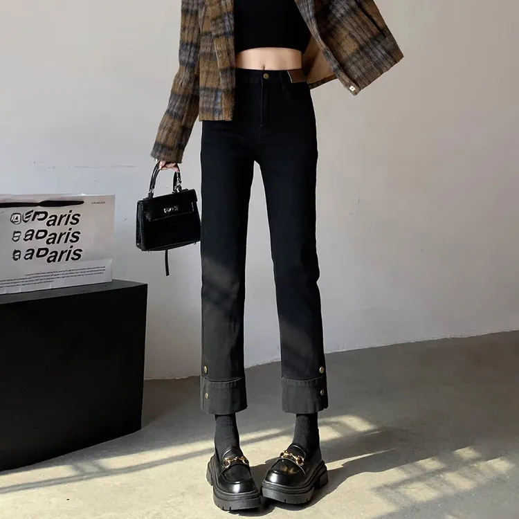 黑色高腰直筒牛仔裤女2025秋冬新款小个子修身显瘦垂感九分烟管裤