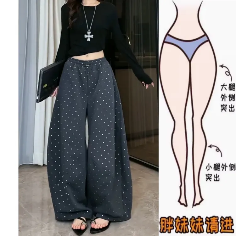 景倩妮时尚波点弯刀休闲裤2025年夏季新款梨形高腰显瘦宽松阔腿裤
