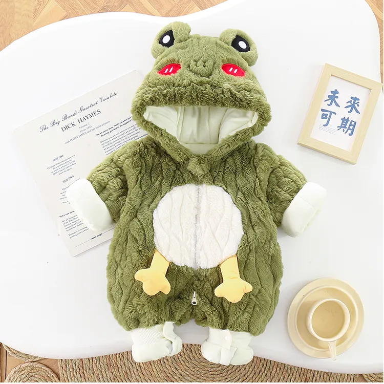 【小青蛙】婴儿衣服外套冬装哈衣加绒夹棉保暖宝宝外出连体衣毛毛