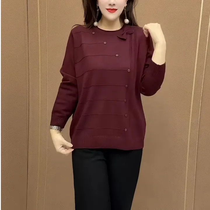 中老年妈妈装针织衫2026秋冬款打底衫印花洋气纽扣百搭女装