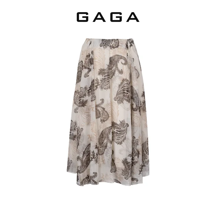 GAGA品牌女装秋季新款植物花卉A字中长高腰碎花半身裙G53D23106