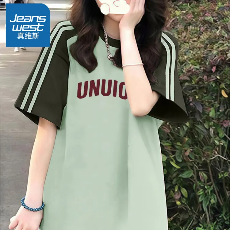 真维斯撞色短袖t恤女2025夏季新款纯棉宽松短袖美式洋气衣服女