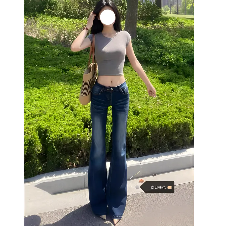 大码美式复古猫须微喇牛仔裤女早秋新款低腰弹力显瘦马蹄拖地裤子