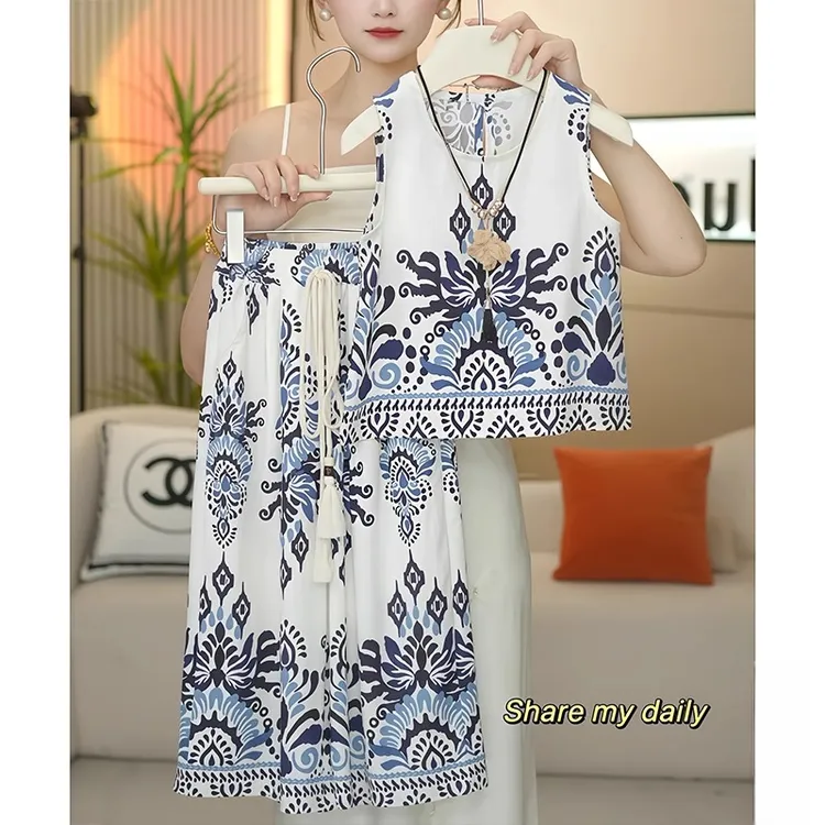 女童民族风无袖套装2025新款夏季碎花背心阔腿裤薄款防蚊裤度假风