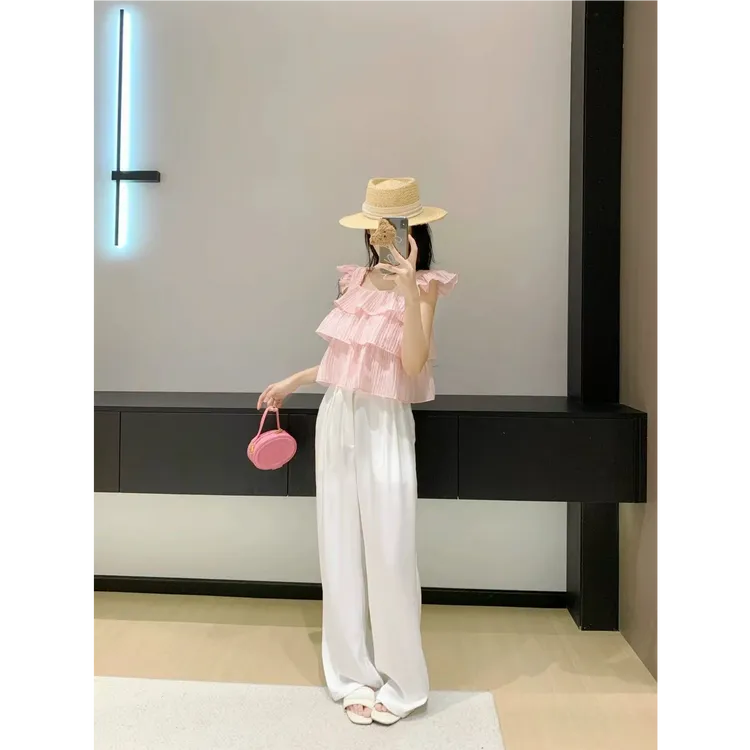 法式甜美层层荷叶边吊带背心女夏季设计感飞飞袖衬衫休闲裤套装