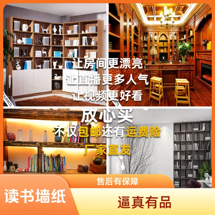 读书直播间装修背景阅读知识主播书房书架背景布逼真有品位墙纸布