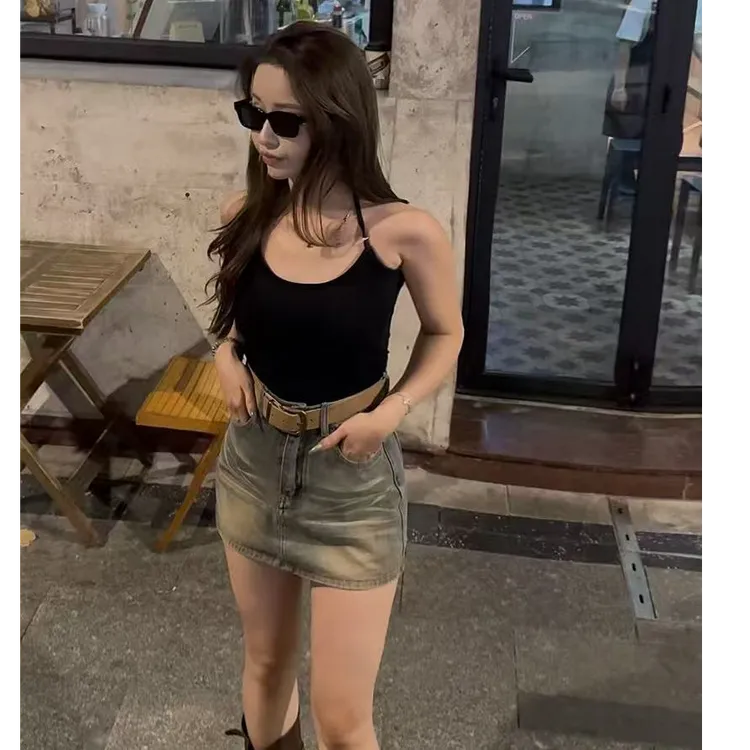 高腰包臀裙短裙辣妹风纯色半身裙潮流复古好看休闲