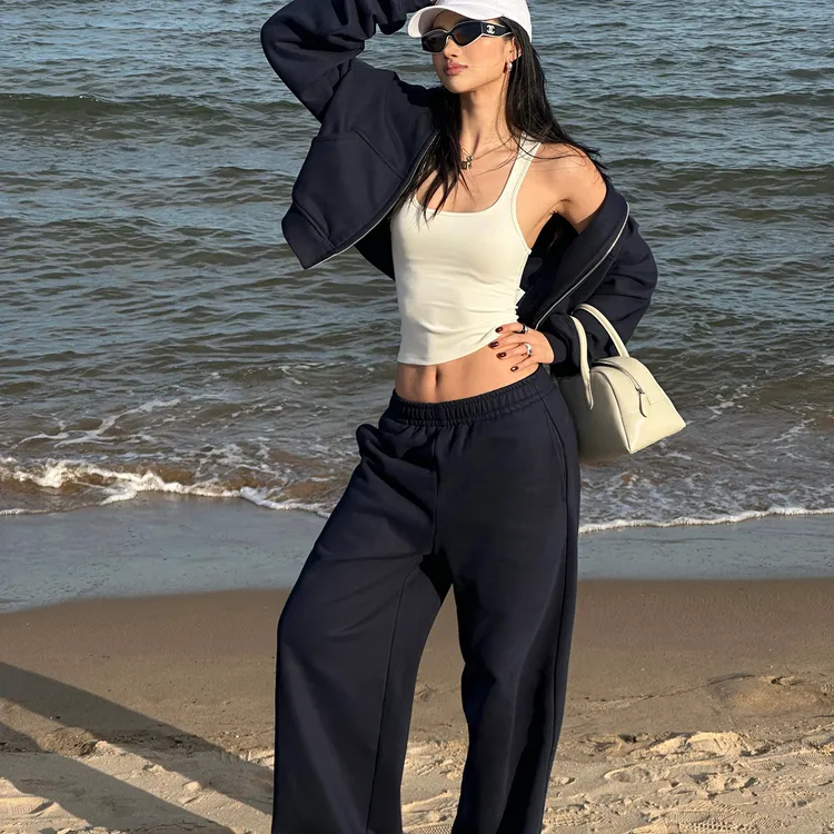 2025早秋新款慵懒风宽松藏青连帽宽松短款卫衣外套休闲卫裤套装