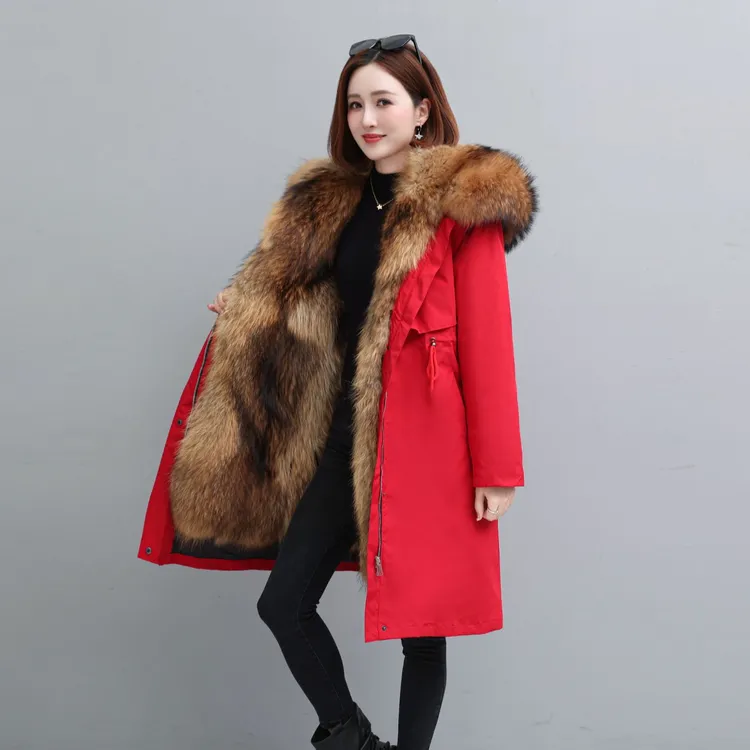 海宁派克服女可拆卸皮毛一体加绒加厚仿狐狸毛皮草长款外套妈妈装