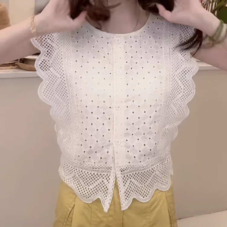 法式荷叶边蕾丝拼接镂空短袖上衣女2025年夏季新款漂亮小衫显瘦