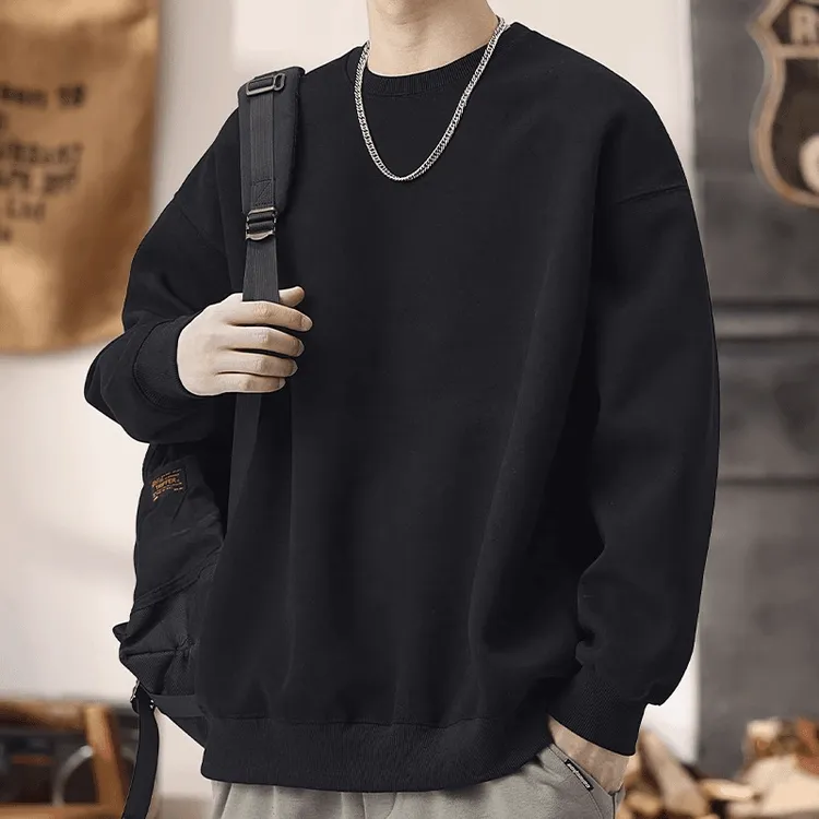 美式重磅简约纯色卫衣男春季2025新款百搭宽松圆领长袖t恤打底衫