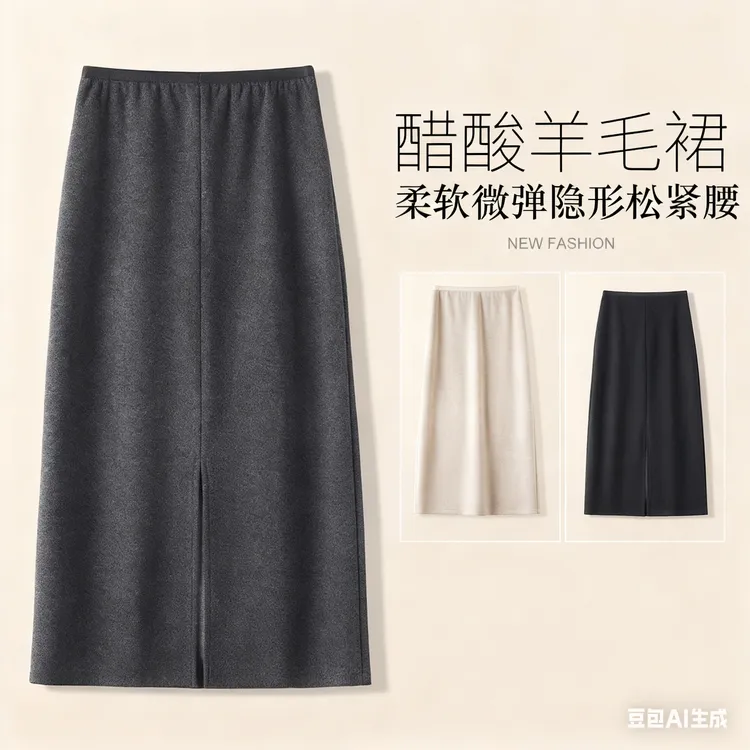秋冬醋酸羊毛半身裙女隐形松紧高腰显瘦中长款A字裙气质百搭长裙