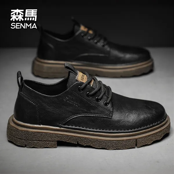 森马男鞋冬季2025新款高档轻奢休闲皮鞋子男士百搭黑色低帮马丁靴