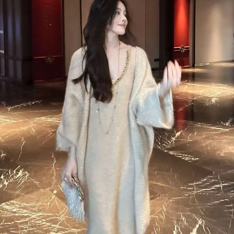 【KK专属】秋冬新款慵懒风纯欲宽松针织毛衣开衫百搭背心裙子套装