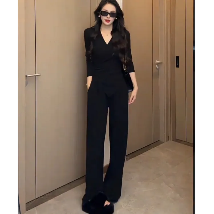 ins韩系辣妹女装搭配系带一整套v领上衣休闲阔腿裤子高级穿搭秋冬
