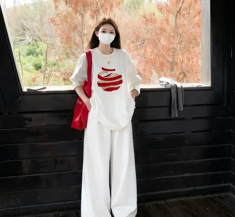 长袖+短袖  新款（丝带苹果）ins高颜值纯棉潮牌气质款圆领打底宽松