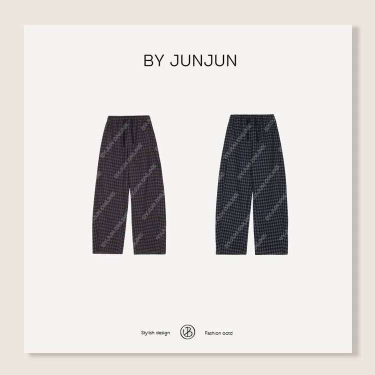 ByJunjun2025冬季新款高密厚实格子弯刀裤百搭复古抽绳休闲裤