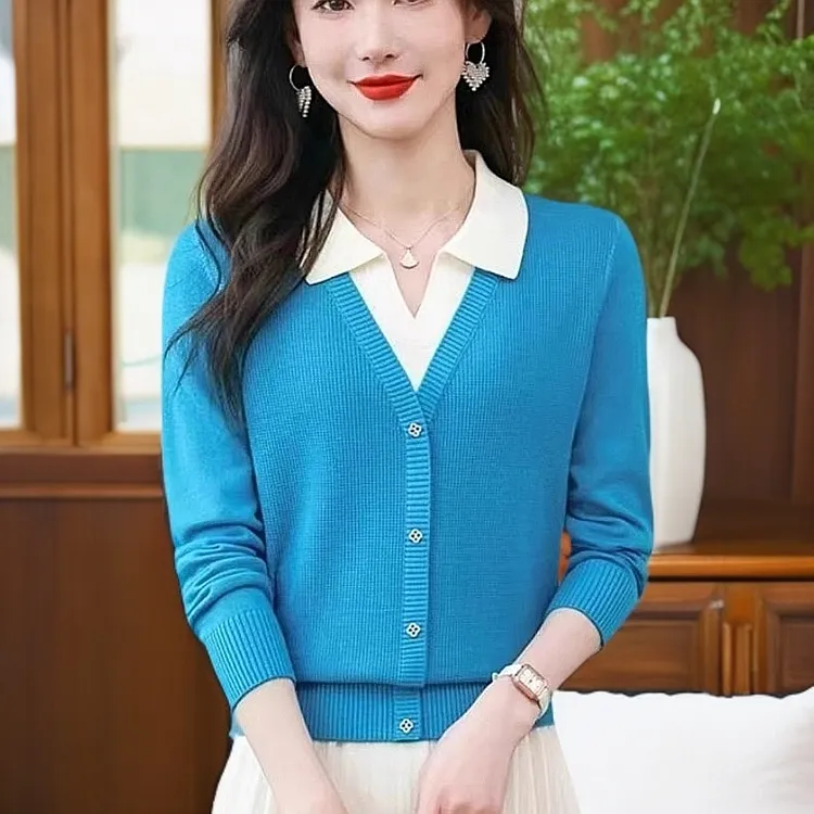 轻奢2025春秋新款翻领洋气假两件上衣针织打底衫时尚洋气秋季薄款