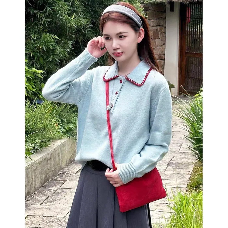 韩系设计感洋气软糯减龄撞色翻领针织毛衣女秋冬新款宽松显瘦上衣