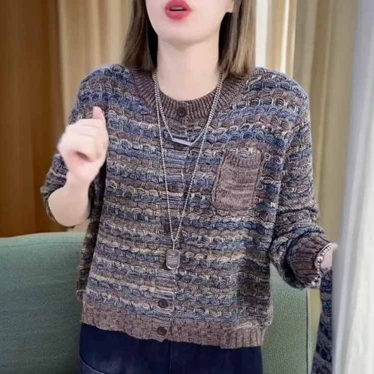 秋冬女士针织开衫慵懒风宽松长袖外套时尚韩版复古文艺条纹外搭潮