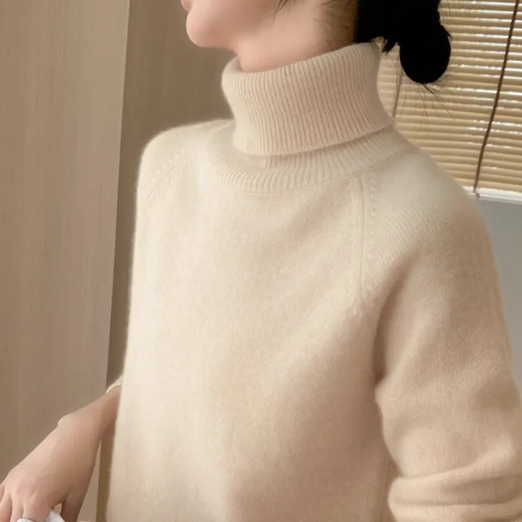 鄂尔多斯市高级感纯色羊绒衫女双股加厚高领宽松毛衣内搭打底衫女