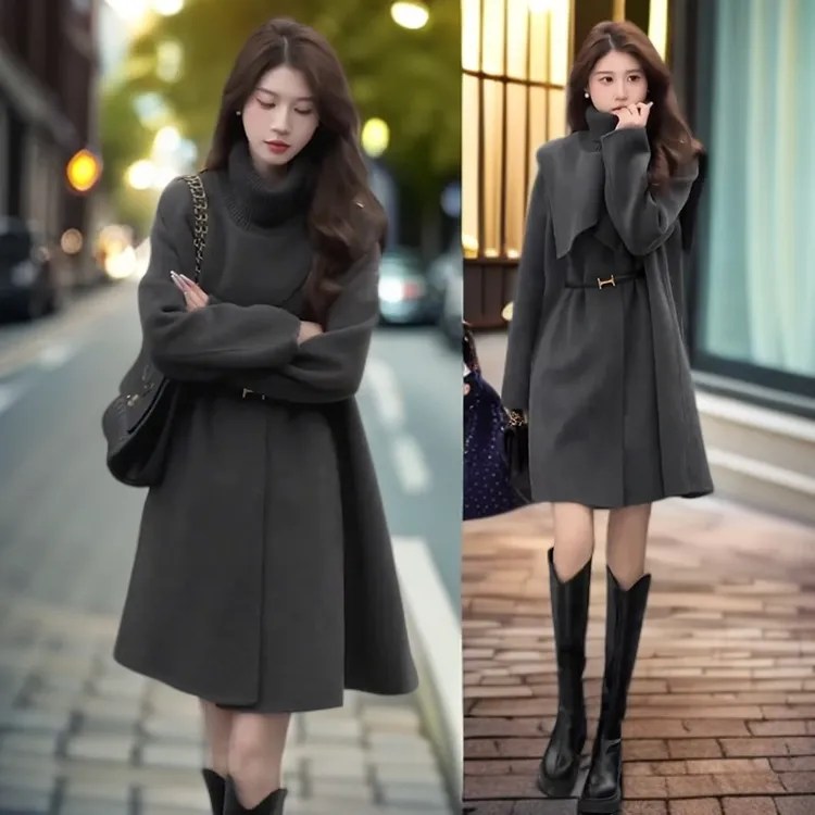 韩系炸街中长款毛呢外套女秋冬季新款可拆卸高领宽松显瘦气质风衣