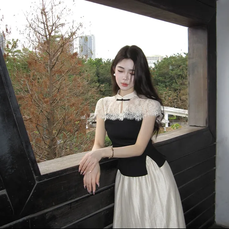 高级感时尚套装女夏季新款新中式蕾丝气质上衣+A字裙两件套
