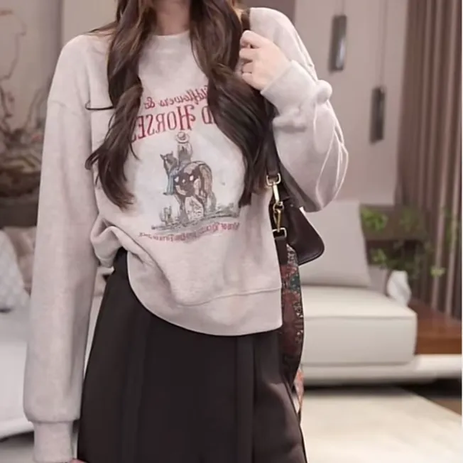 美式复古别致宽松酷潮无帽圆领人物印花字母卫衣2025秋季长袖上衣