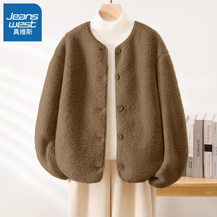 真维斯摇粒绒加厚短款外套女2026款爆款咖色秋冬小香风保暖上衣L