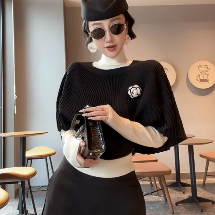 XIAOBAI显瘦时尚女气质套头高领斗篷针织衫