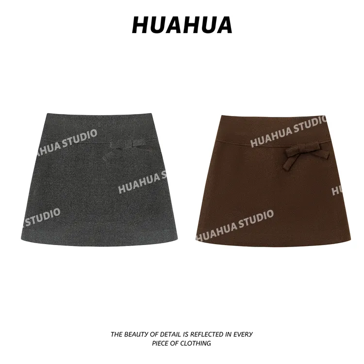 【花花】小资少女心~韩系蝴蝶结设计感简约A字显瘦百搭毛呢短裙