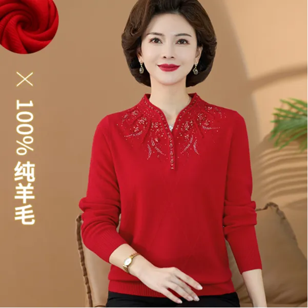 100%纯羊毛衫中年妈妈装秋冬毛衣洋气高贵中老年女母亲衣服打底衫