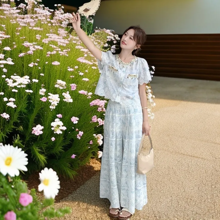 法式轻奢淡人绝美绣花拼接上衣套装2025夏季新款淡人阔腿裤两件套
