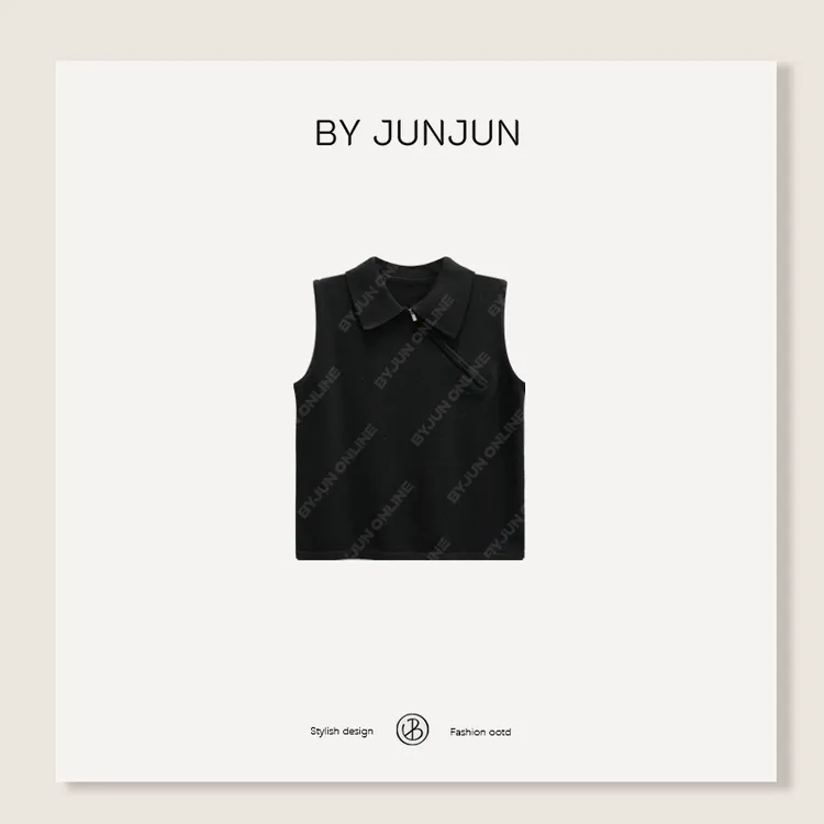 ByJunjun羊毛斜拉链polo针织马甲早秋新款女装无袖身上衣