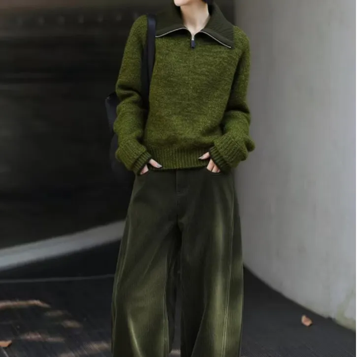 大码慵懒风小众半拉链翻领毛衣女秋冬新款显瘦减龄气质显白针织衫