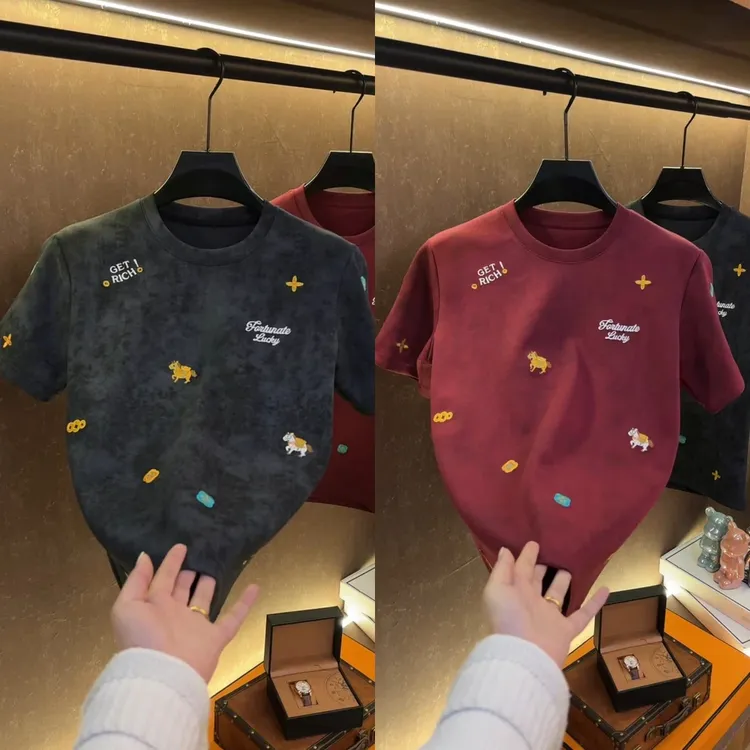 秋冬新款男士时尚潮流痞帅T桖短袖轻奢百搭高级感圆领短袖6188