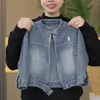秋款2025新款儿童无领拉链软牛仔外套男童女童韩版休闲长袖上衣潮