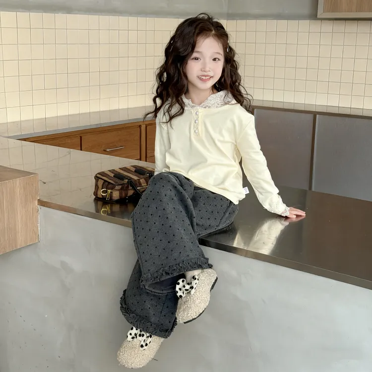 【亲子套装】女童纯棉连帽卫衣蕾丝打底衫T恤+韩版波点阔腿裤两件套