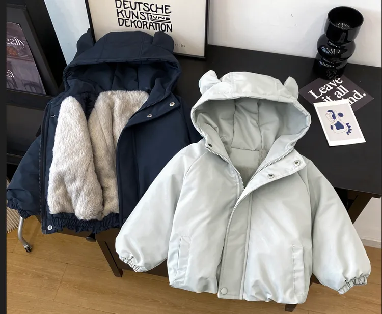 儿童连帽棉服加绒2025冬季款男女童兔耳棉袄外套宝宝纯色棉衣加厚