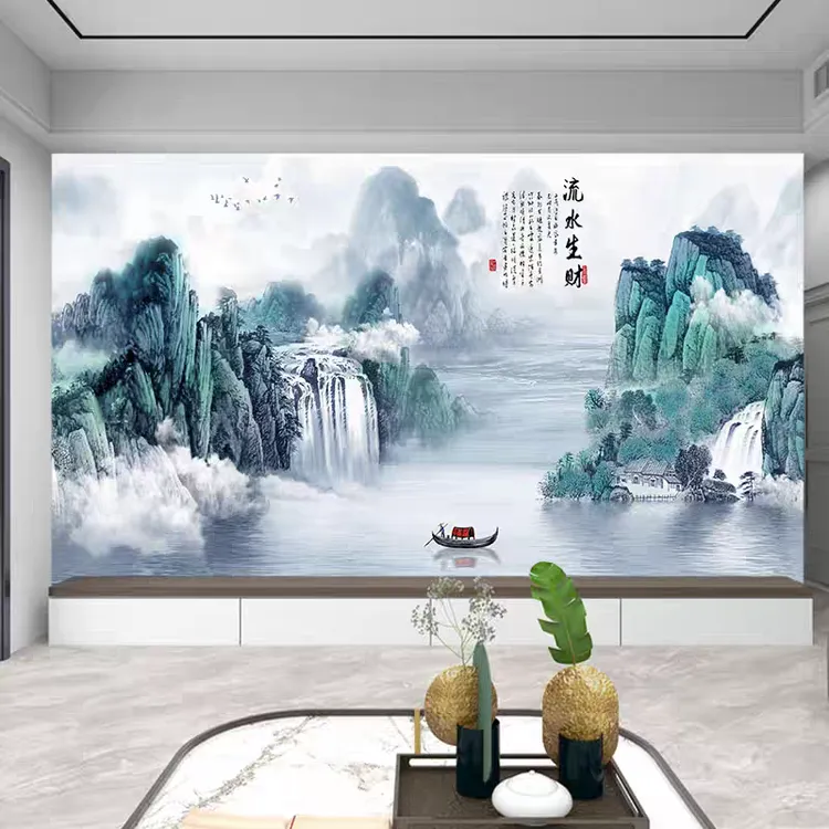 梦动新中式流水生财客厅山水画背景墙壁画立体壁布定制装饰画