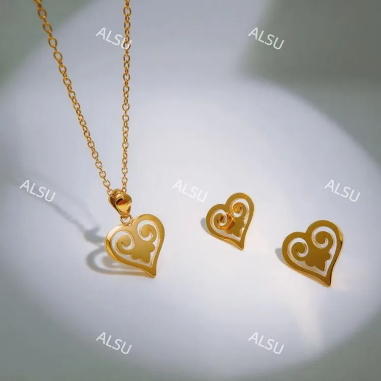 合金项链 ALSU原创新款经心形两件套（锁骨链+耳钉）百搭时尚气质