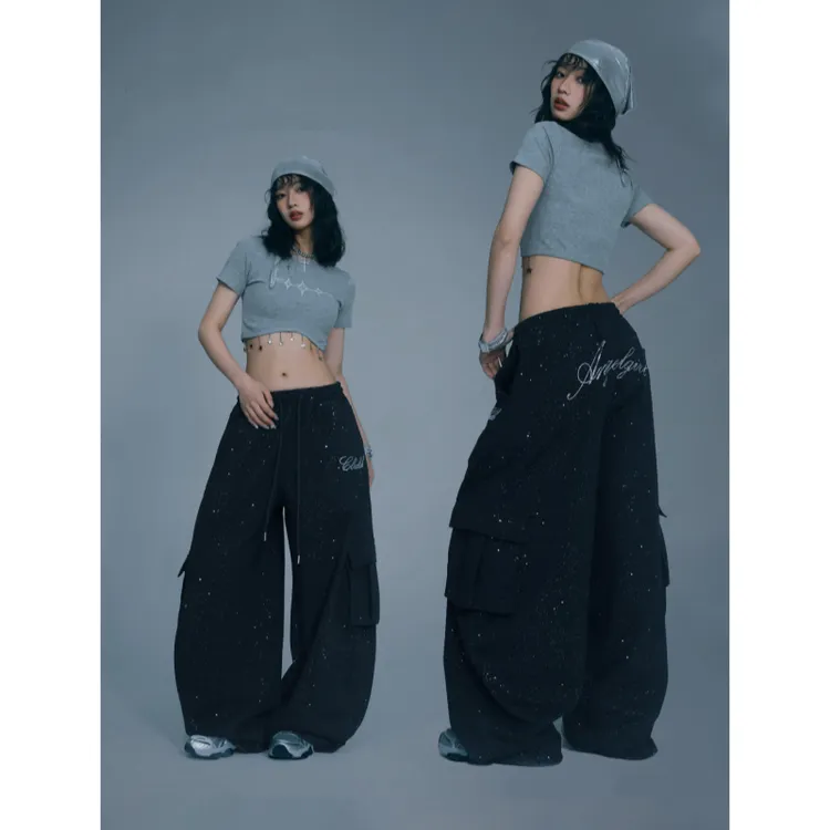 街舞潮牌秋冬烫钻软糯透气长裤嘻哈街头工装裤爵士运动裤女ins潮